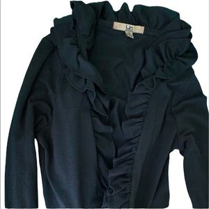 Women’s Black, Ruffle Trim Cardigan Sweater, Size Small